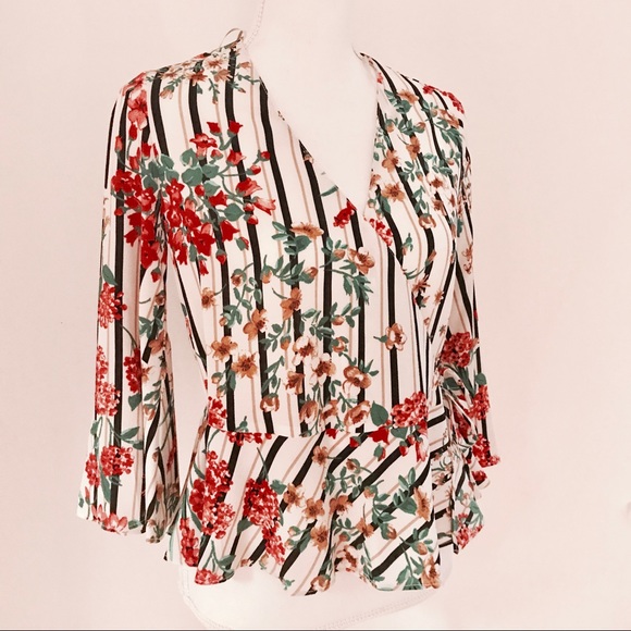 NWT Zara Floral Striped Crossed-Front Blouse - Picture 5 of 8
